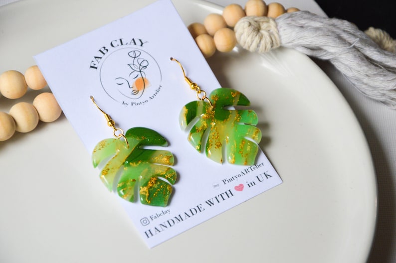 MONSTERA // Large green monstera leaf earrings, palm leaf earrings, tropical leaf earrings image 5