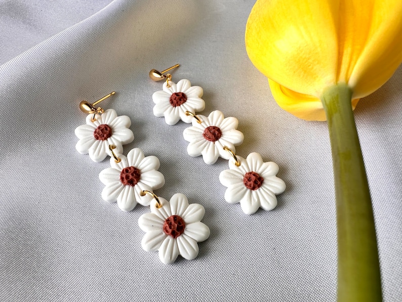 Little DAISY flower earrings white flower earrings daisy dangle gift polymer clay earrings floral statement lightweight durable image 2