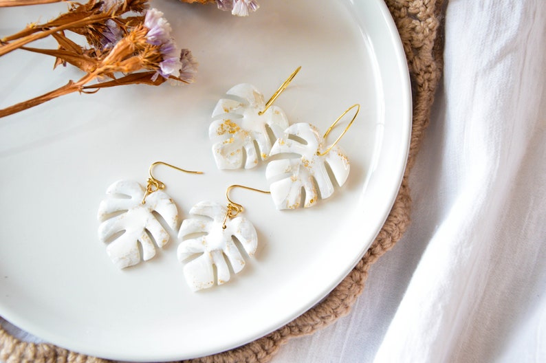 MONSTERA // Large white and gold lucent monstera leaf earrings, palm leaf earrings, tropical leaf earrings ,wedding earrings image 8