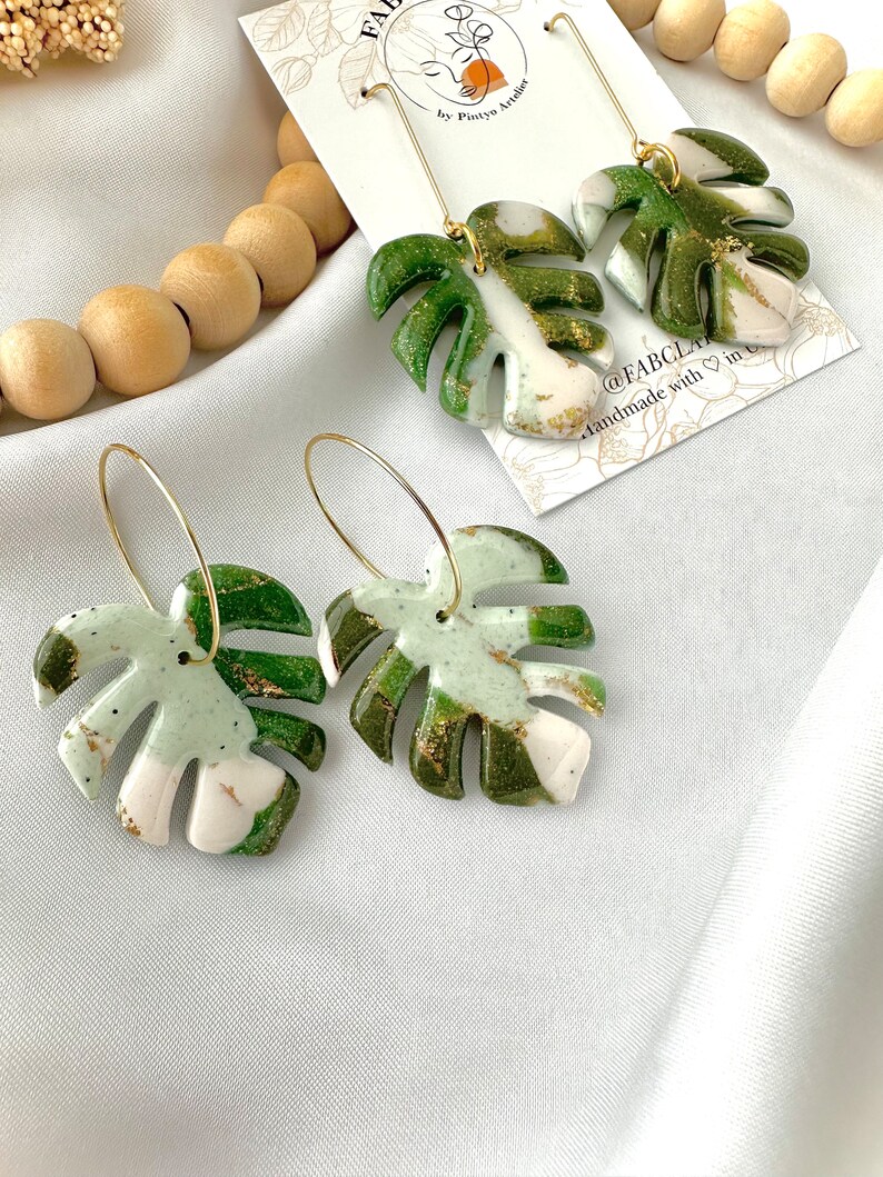 MONSTERA earrings | Large green monstera leaf earrings | palm leaf earring | tropical leaf earring | terazzo | plant lover | fabclay