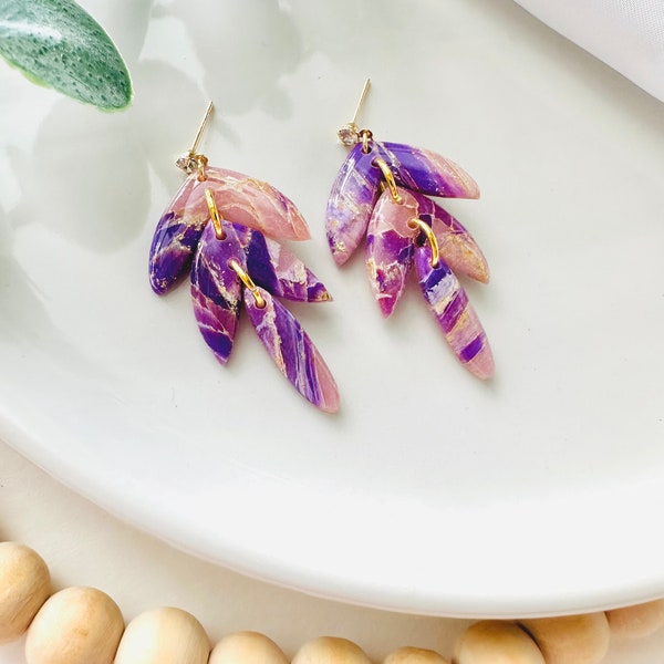 Purple and gold tranclucent clay earrings / purple marble leaf  earrings / square handmade earrings / statement drops / cubic zirconia stud