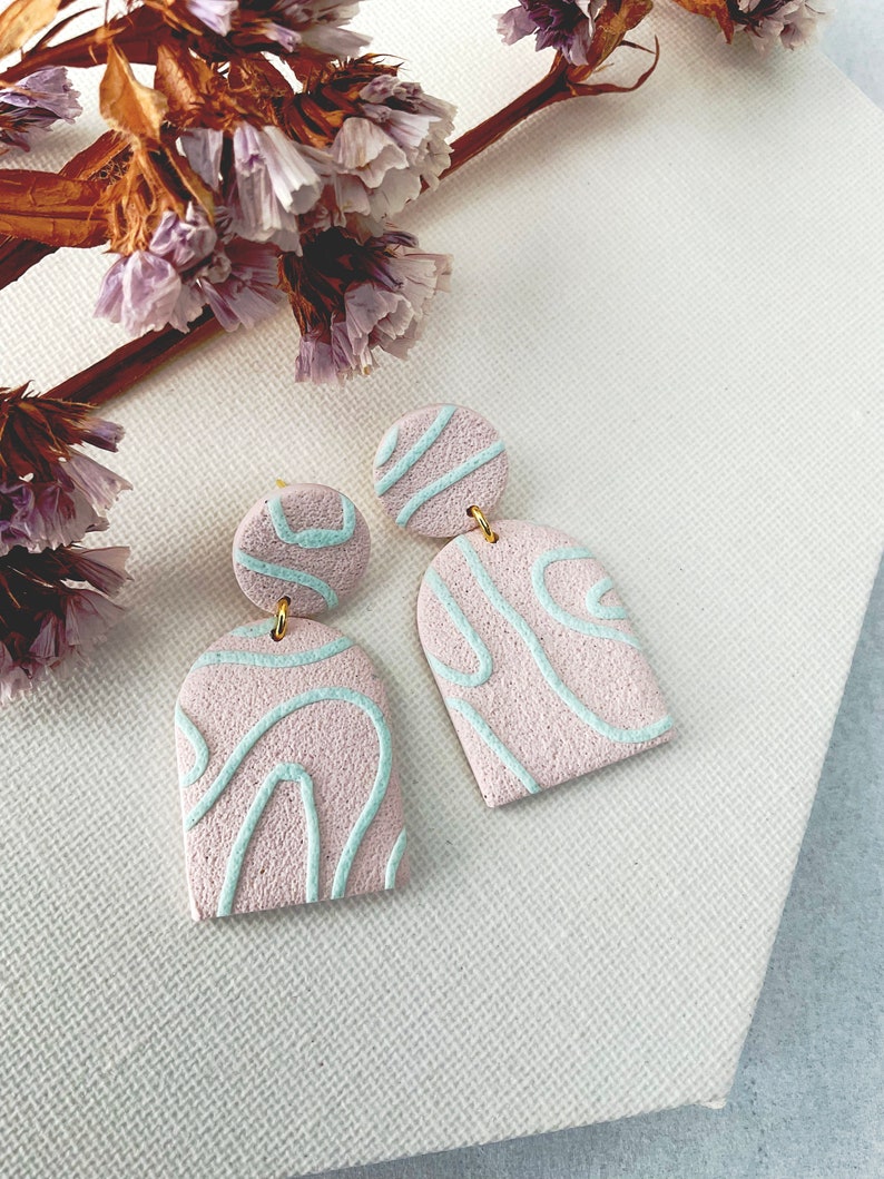 Neutral, pastel pink and blue wedding statement earrings handmade polymer clay earrings image 2