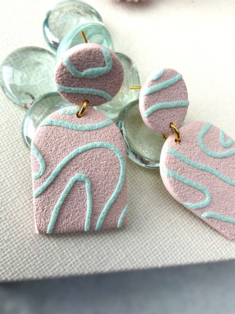 Neutral, pastel pink and blue wedding statement earrings handmade polymer clay earrings image 4