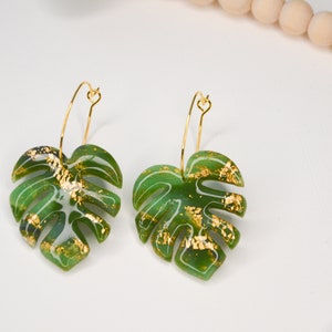 MONSTERA // Large green monstera leaf earrings, palm leaf earrings, tropical leaf earrings image 2