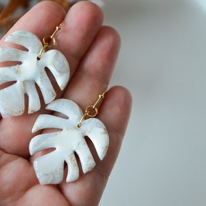 MONSTERA // Large white and gold lucent monstera leaf earrings, palm leaf earrings, tropical leaf earrings ,wedding earrings image 9