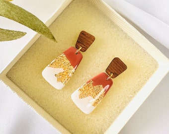 Handmade Terracotta & Gold Polymer Clay Earrings | Wood Stud