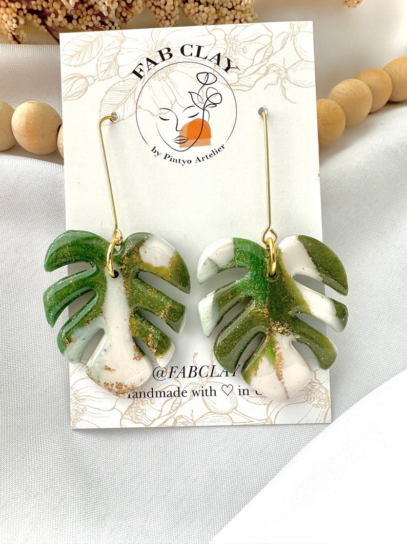 MONSTERA earrings Large green monstera leaf earrings palm leaf earring tropical leaf earring terazzo plant lover fabclay image 4
