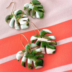 MONSTERA earrings Large green monstera leaf earrings palm leaf earring tropical leaf earring terazzo plant lover fabclay image 8