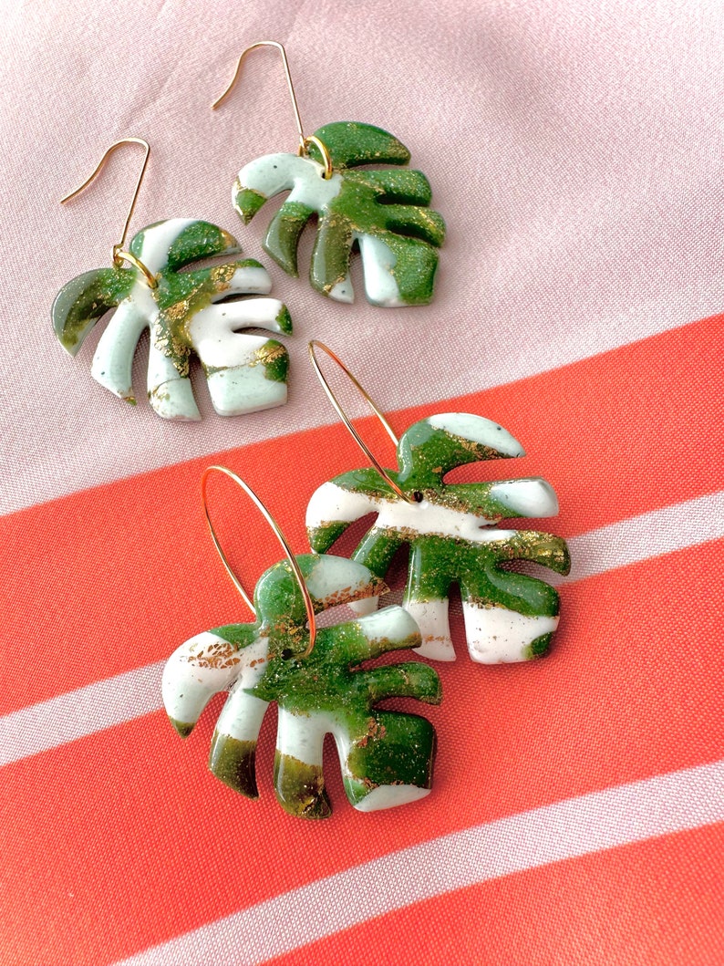 MONSTERA earrings Large green monstera leaf earrings palm leaf earring tropical leaf earring terazzo plant lover fabclay image 8