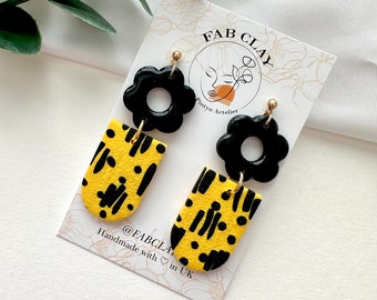 Yellow and black floral drops | modern polymer clay earrings | handmade jewellery | funky studs | summer accessories | large lightweight