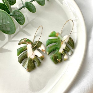 MONSTERA earrings Large green monstera leaf earrings palm leaf earring tropical leaf earring terazzo plant lover fabclay image 1