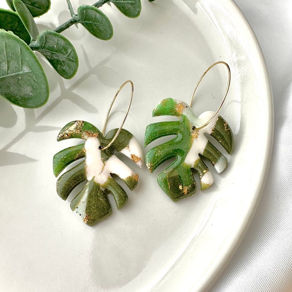 MONSTERA earrings | Large green monstera leaf earrings | palm leaf earring | tropical leaf earring | terazzo | plant lover | fabclay