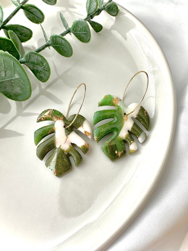 MONSTERA earrings Large green monstera leaf earrings palm leaf earring tropical leaf earring terazzo plant lover fabclay image 1