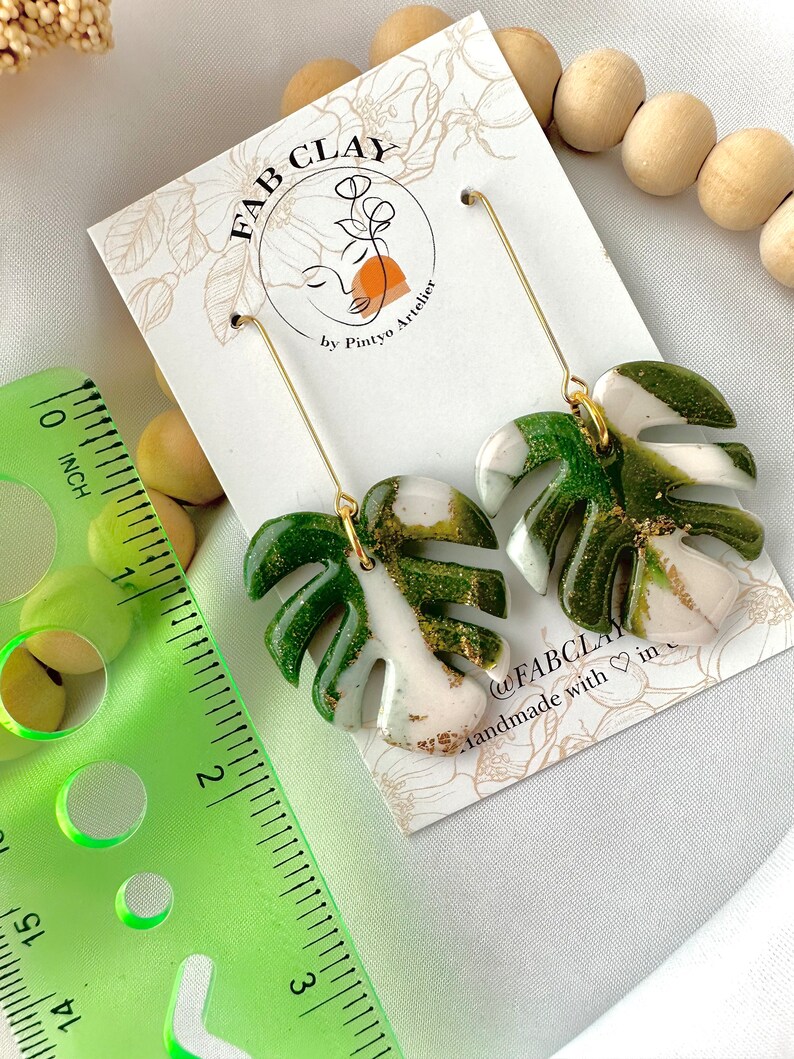 MONSTERA earrings Large green monstera leaf earrings palm leaf earring tropical leaf earring terazzo plant lover fabclay image 5