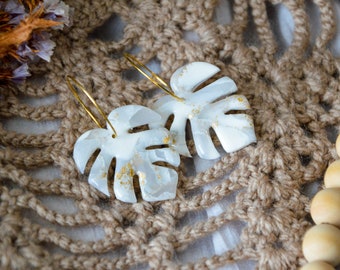 MONSTERA // Large white and gold lucent monstera leaf earrings, palm leaf earrings, tropical leaf earrings ,wedding earrings