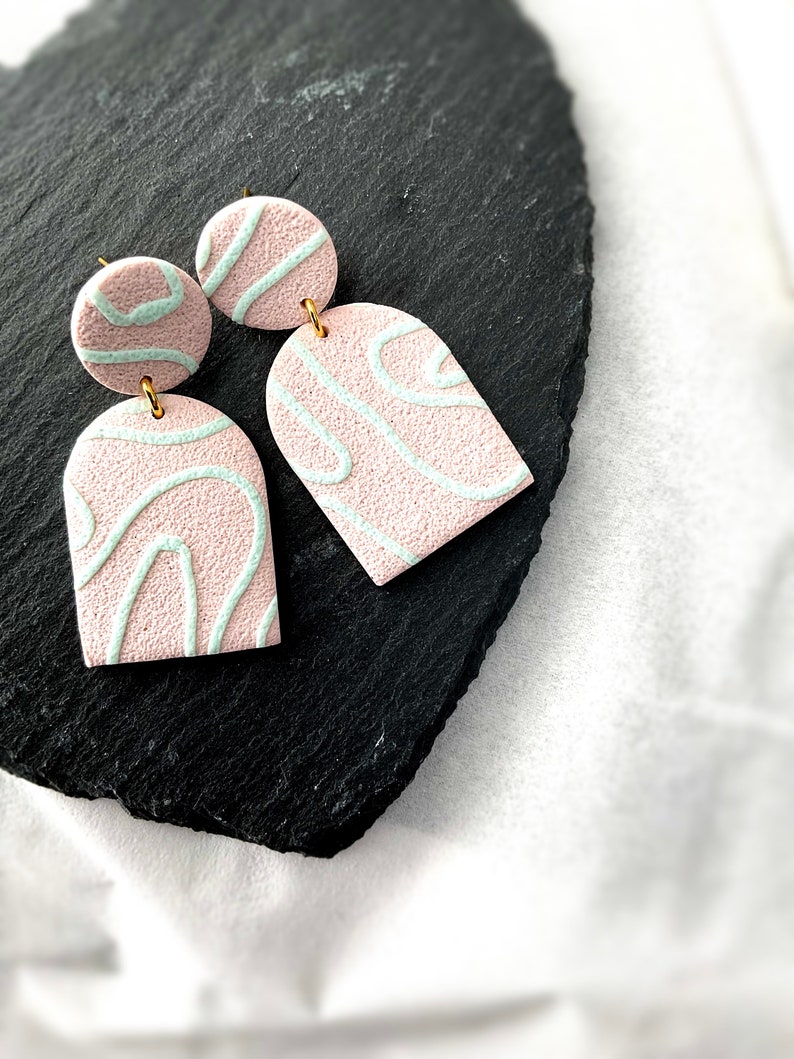 Neutral, pastel pink and blue wedding statement earrings | handmade polymer clay earrings