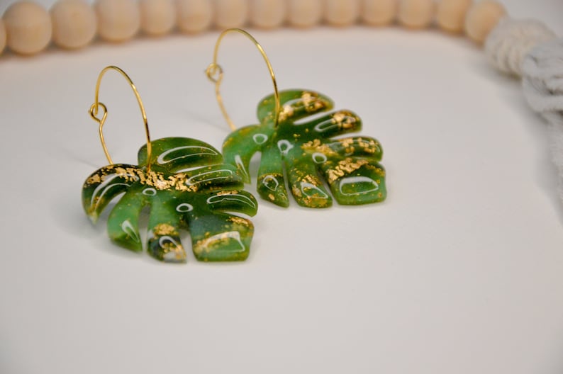 MONSTERA // Large green monstera leaf earrings, palm leaf earrings, tropical leaf earrings image 7