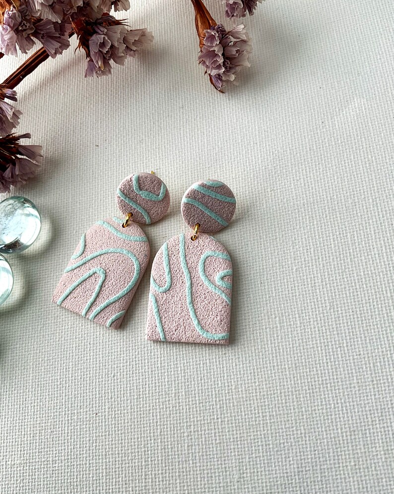 Neutral, pastel pink and blue wedding statement earrings handmade polymer clay earrings image 3