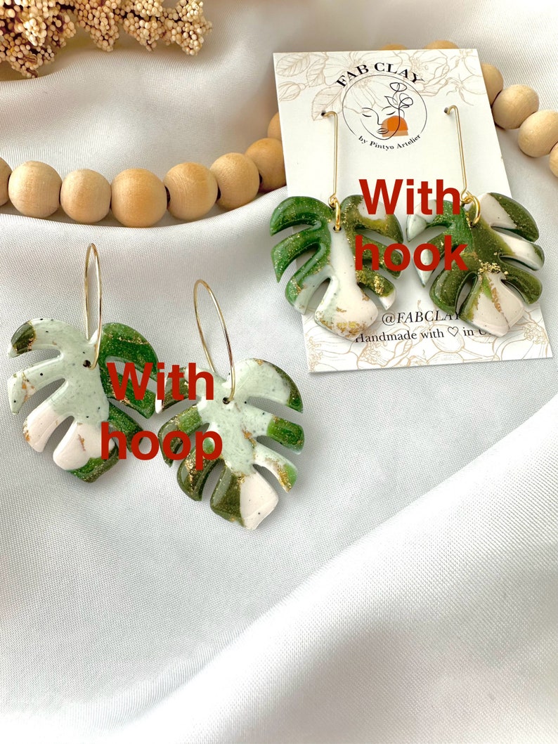 MONSTERA earrings Large green monstera leaf earrings palm leaf earring tropical leaf earring terazzo plant lover fabclay image 10