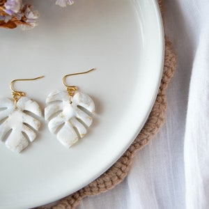 MONSTERA // Large white and gold lucent monstera leaf earrings, palm leaf earrings, tropical leaf earrings ,wedding earrings image 5