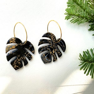 Black Monstera Leaf Earrings: Gold Accent Polymer Clay Jewelry