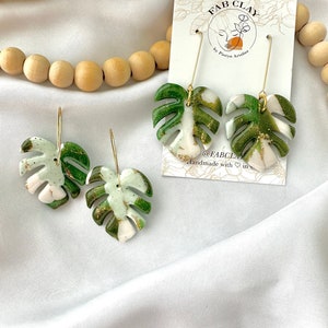 MONSTERA earrings Large green monstera leaf earrings palm leaf earring tropical leaf earring terazzo plant lover fabclay image 7