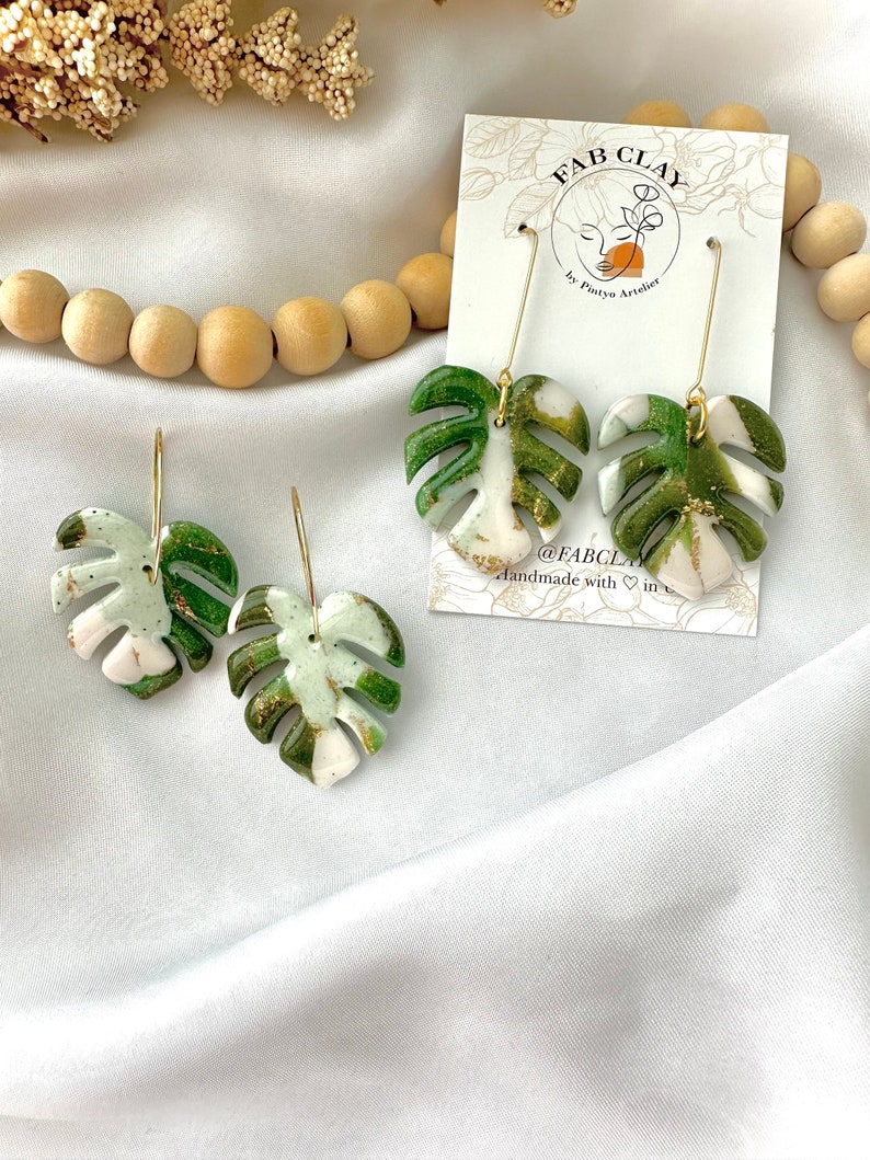 MONSTERA earrings Large green monstera leaf earrings palm leaf earring tropical leaf earring terazzo plant lover fabclay image 7