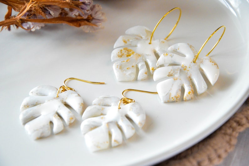 MONSTERA // Large white and gold lucent monstera leaf earrings, palm leaf earrings, tropical leaf earrings ,wedding earrings image 3