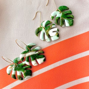 MONSTERA earrings Large green monstera leaf earrings palm leaf earring tropical leaf earring terazzo plant lover fabclay image 9