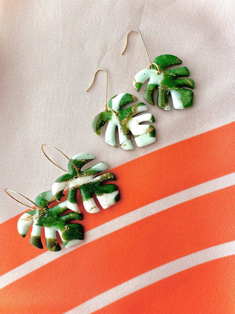 MONSTERA earrings Large green monstera leaf earrings palm leaf earring tropical leaf earring terazzo plant lover fabclay image 9