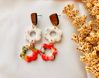 Handmade FLORAL dangle drops | wood stud | clay earrings | statement jewelry | fall floral earrings | bridesmaids | fabclay