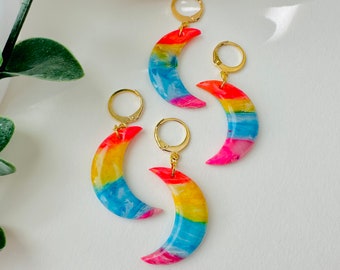 Rainbow MOON earrings | rainbow earrings | polymer clay earrings | celestial moon | marble earrings | unicorn style | colorful | fabclay