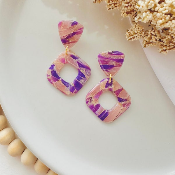 Purple and gold tranclucent clay earrings / Marble wedding earrings / square handmade earrings / statement drops / Bridesmaids / Brides