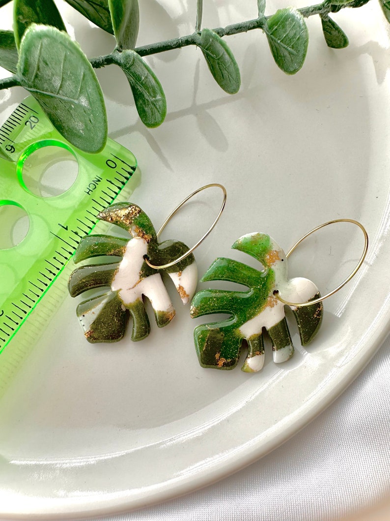 MONSTERA earrings Large green monstera leaf earrings palm leaf earring tropical leaf earring terazzo plant lover fabclay image 3