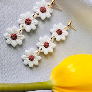 Little DAISY flower earrings white flower earrings daisy dangle gift polymer clay earrings floral statement lightweight durable image 8