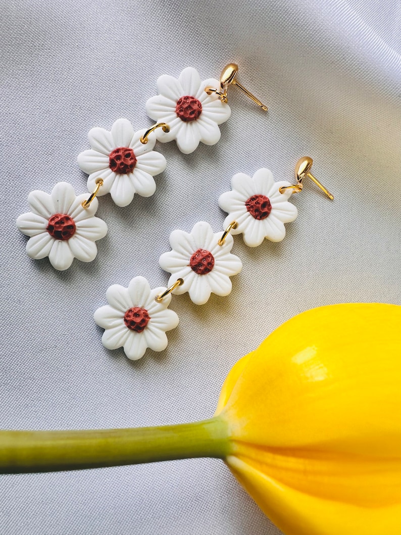 Little DAISY flower earrings white flower earrings daisy dangle gift polymer clay earrings floral statement lightweight durable image 8