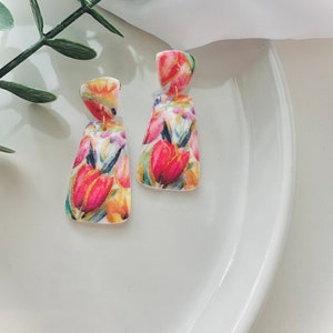 Tulips | puffy floral earrings | hand painted polymer clay earrings | beautiful floral dangles| spring and summer earrings | bridesmaids