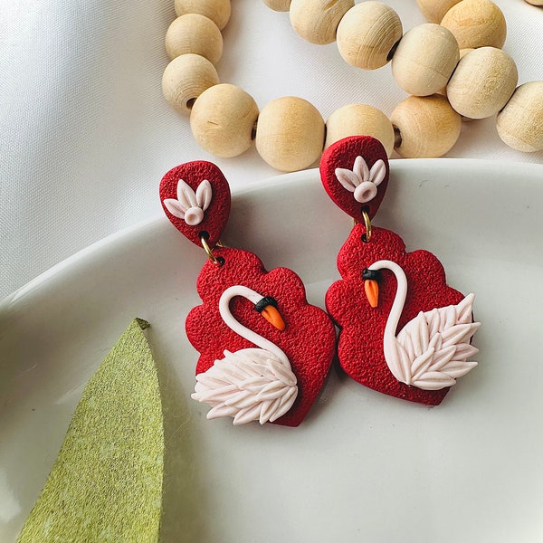 RED Swan earrings | art deco earrings | cute earrings | whimsical earrings | beautiful earrings | fancy |  boho earrings| bird earring