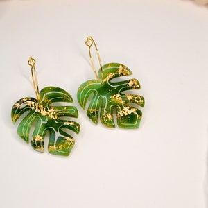 Monstera Leaf Hoop Earrings: Green Polymer Clay Jewelry