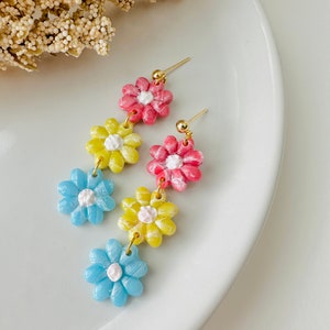Rainbow Daisy Dangle Earrings: Polymer Clay Floral Statement