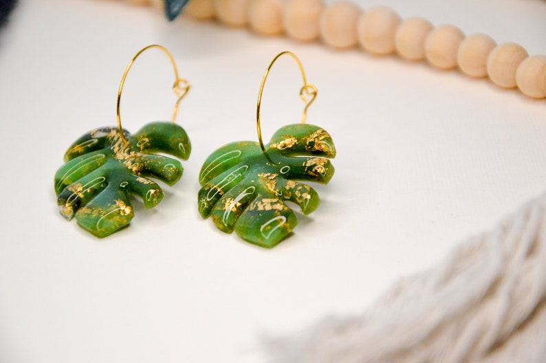 MONSTERA // Large green monstera leaf earrings, palm leaf earrings, tropical leaf earrings image 9