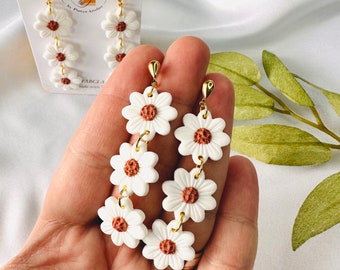 Handmade Daisy Dangle Earrings: Polymer Clay Floral Statement