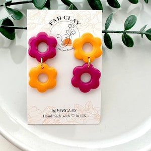Spring flower earring / sunflower daisy earrings / polymer clay pink and cerise stud / floral jewellery / sunflower earrings / gift for her