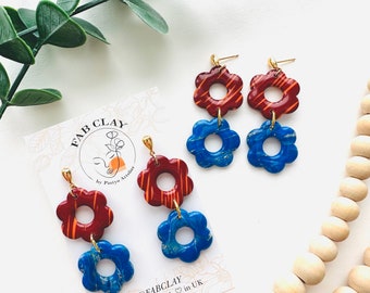 Deep blue marble and burgundy red floral earrings | handmade polymer clay earrings | deep blue earrings | statement jewelry | lightweight