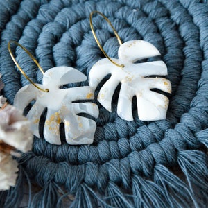 MONSTERA // Large white and gold lucent monstera leaf earrings, palm leaf earrings, tropical leaf earrings ,wedding earrings image 6
