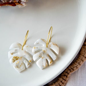 MONSTERA // Large white and gold lucent monstera leaf earrings, palm leaf earrings, tropical leaf earrings ,wedding earrings image 2