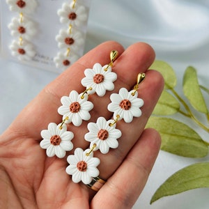 Little DAISY flower earrings white flower earrings daisy dangle gift polymer clay earrings floral statement lightweight durable image 6