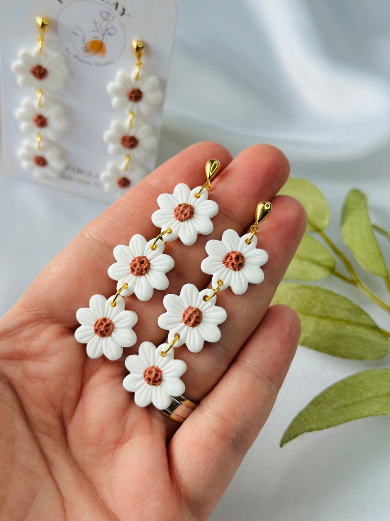 Little DAISY flower earrings white flower earrings daisy dangle gift polymer clay earrings floral statement lightweight durable image 6