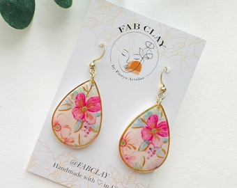 SAKURA Floral drops | hand painted polymer clay earrings | handmade earrings | summer earrings | statement | transfer paper | lightweight