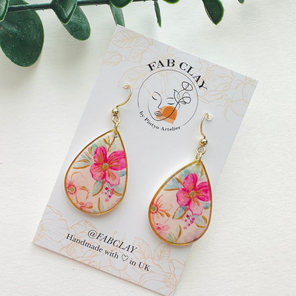 SAKURA Floral drops | hand painted polymer clay earrings | handmade earrings | summer earrings | statement | transfer paper | lightweight